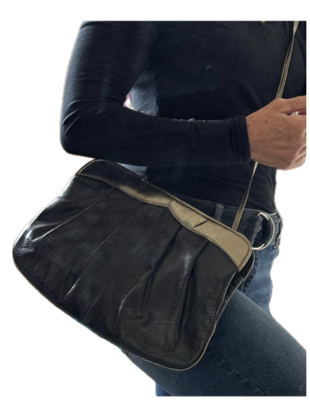 Barbara Bolan Clutch Crossbody Purse Black Leather w Gold Trim RARE